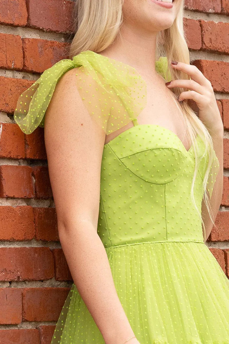 A Line Sweetheart Green Dot Tulle Long Prom Dresses